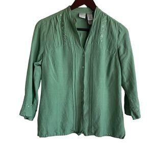 Emma James Women Top Size 10P Green Flare 3/4 Sleeve Pin Tuck Bodice Dainty Chic